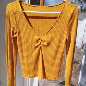 Long Sleeve Yellow "Cinched" front, V-neck Top